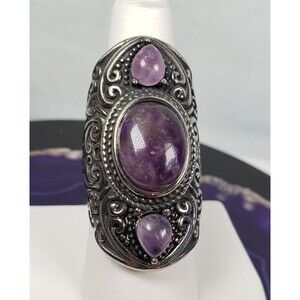 Vintage Amethyst Southwest Navajo Stainless Steel 316L Silver Tone Ring Size 8